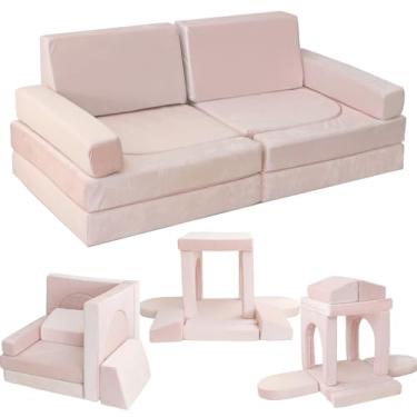 Imagem de Jadoxy Sofá modular infantil de brincar, 10 peças, sofá de espuma multifuncional para sala de jogos, almofada de chão conversível imaginativa para meninos e meninas (rosa)