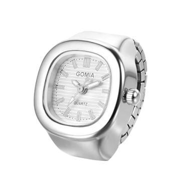 Imagem de JewelryWe Relógio de dedo quadrado feminino – analógico, quartzo, elástico, anel de anel, novidade, anéis de relógio elegantes para negócios casuais e escritório, Prata