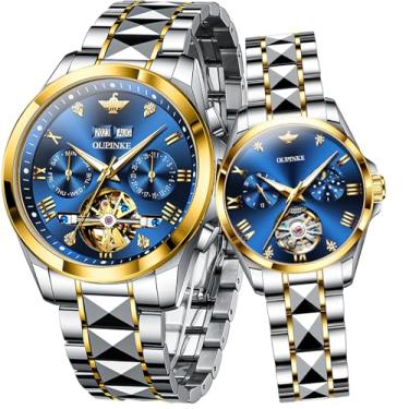 Imagem de OLEVS Conjunto de pares de relógios mecânicos automáticos com corda automática, relógio combinando para ele e ela, presentes de Dia dos Namorados, 3186+3202: pulseira dourada e mostrador azul
