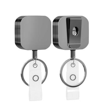 Imagem de KTRIO Pacote com 2 carretéis de crachá retráteis, carretéis retráteis de metal com clipe de cinto de aço reforçado para porta-cartões de nome (quadrado pequeno)