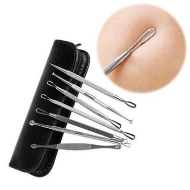 Imagem de Kit Extrator De Cravos e Espinhas Com 7 Curetas Aço Inoxidável + Estoj