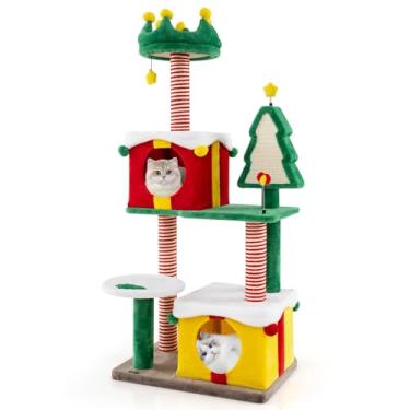 Imagem de PETSITE Árvore para gatos com tema natalino de 155 cm, torre para gatos de vários níveis com hastes de sisal, 2 condomínios para gatos em forma de caixa de presente, bola de provocação suspensa e