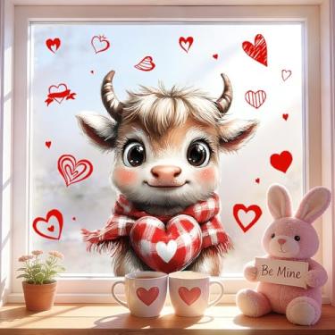 Imagem de Adesivos de janela de gado highland com design de coração decorações de janela dupla face para aniversário, festa escolar, feriado, escritório, decoração de portas de vidro, 1 folha