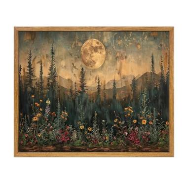 Imagem de KBKBART Arte de parede em tela emoldurada, decoração vintage, impressões de pintura de lua de floresta, decoração de parede de floresta de pinheiros, arte de paisagem escura para sala de estar quarto