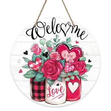 Imagem de Bolisom Placa de porta da frente com flor de rosa para Dia dos Namorados, pote de pedreiro, rosa, coração, madeira, cabide de porta ao ar livre, decoração de varanda, guirlanda de madeira de