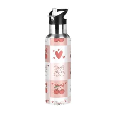 Imagem de Wassud Garrafa de água de cereja tabuleiro de xadrez de aço inoxidável garrafa de água esportiva com canudo garrafas de água isoladas copo portátil de viagem 623 g