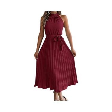 Imagem de Vestido Midi Sem Mangas Com Decote Halter Plissado Para Mulheres, Vest