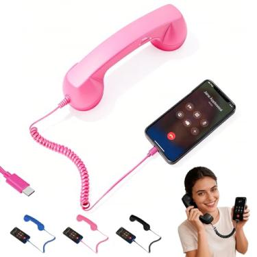 Imagem de Aparelho de telefone retrô, aparelho de telefone retrô para telefone, tipo C, estilo retrô, com fio, receptor de alça fixa para videoconferências, chamadas e reuniões de celular (rosa)