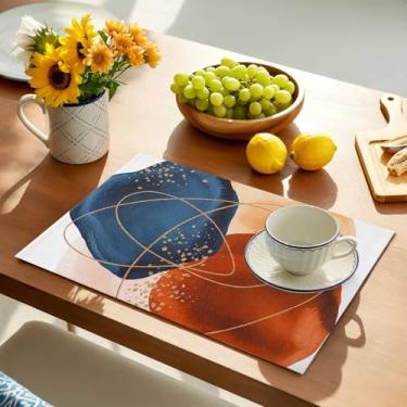 Imagem de Jogo americano conjunto com 4, arte geométrica boêmia, abstrata, à prova de calor, antiderrapante, tapete de mesa, azul marinho, laranja queimado, graffiti, linho, lavável, para cozinha, jantar