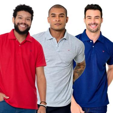 Imagem de Kit 3 Camisas Gola Polo Masculina Piquet Lisa Camisaria Colombo, Azul 