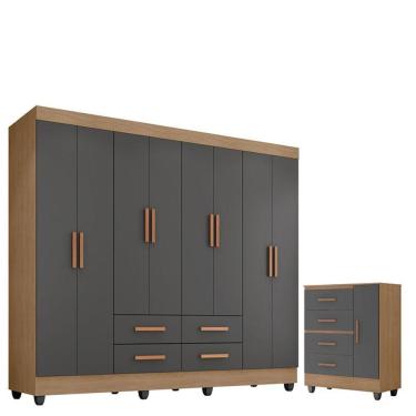 Imagem de Guarda Roupa Casal Porto Com Cômoda Lite 4 Gavetas 01 Porta Nature Cinza - Móveis Leão