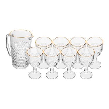 Imagem de Jogo De Taças Com Jarra Coração 9 Peças Borda Dourada Fio Dourado Vidro Transparente 1l 320ml Lyor