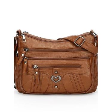 Imagem de Bolsa tiracolo feminina de couro poliuretano macio com vários bolsos -