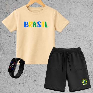 Imagem de Kit Infantil Brasil Completo Camiseta Short Moletinho Relógio Digital Look Menino Presente-Unissex