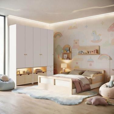 Imagem de Guarda-roupa Modulado Wave e Cama Casal Lift Casatema MadeiraOriginals Branco/Natural