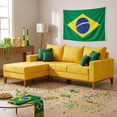 Imagem de Sofá 3 Lugares Com Chaise Esquerda Suede Amarelo PentaCampeão Sala de 