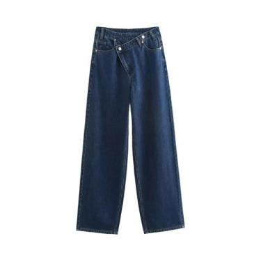 Imagem de Calças Jeans Vintage De Cintura Alta Assimétricas Para Mulheres Com Bo