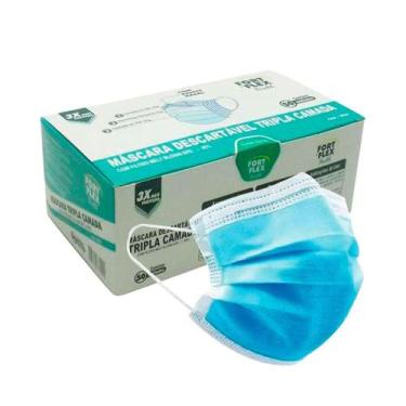 Imagem de Máscara tripla descartável com elástico azul com 50 unidades fortflex 
