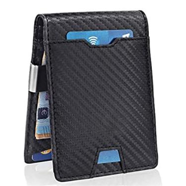 Imagem de Carteiras masculinas, carteiras de fibra de carbono, carteiras com bloqueio de RFID, carteiras dobradas, carteiras ultrafinas, couro sintético de poliuretano - preto