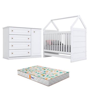 Imagem de Berço Montessoriano e Cômoda Infantil Americano Branco com Colchão Gazin – Henn