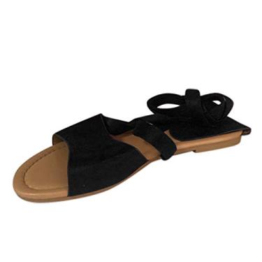 Imagem de Sandálias femininas casuais de verão confortáveis sandálias boêmias casuais com tiras sandálias planas de praia retrô com clipe nos dedos dos pés, Z01 - Preto, 9