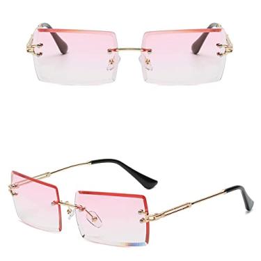 Imagem de Óculos de sol quadrados pequenos sem aro de luxo com tendências vintage óculos de sol para mulheres/homens estilo metal gradiente sombra retangular, ouro rosa C3, tamanho único