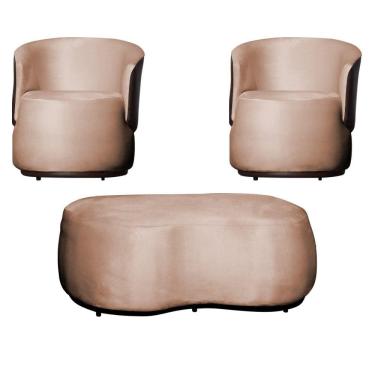 Imagem de Kit 2 Poltronas e 1 Puff Grande Design Orgânico Beatriz Veludo Composê Corino Marrom - Estopar