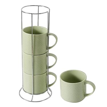 Imagem de Hasense Conjunto de 4 xícaras de café grandes empilháveis de porcelana de 425 g com alça para bebidas como chá, cappuccino, leite, mocha e cereais, seguro para micro-ondas e lava-louças, verde