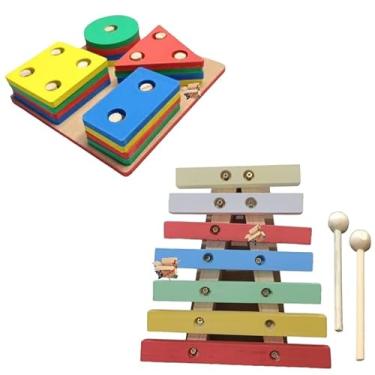 Imagem de Kit Brinquedo Educativo Pedagógico Em Madeira Prancha Seleção De Encaixe + Xilofone Musical