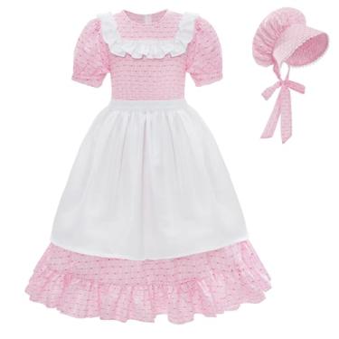 Imagem de LTAKK Vestido colonial para meninas, fantasia pioneira, pradaria, peregrina, vestido com avental e gorro, Pontos rosa, GG