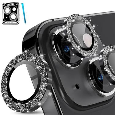 Imagem de imluckies Para iPhone 15 14 - Protetor de lente de câmera iPhone 15 Plus, anel individual de liga de alumínio transparente HD, película de proteção de tela traseira de vidro temperado 9H, preto brilhante