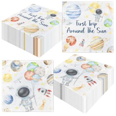 Imagem de Guardanapos de primeira viagem ao redor do sol, guardanapos espaciais para festa, guardanapo de primeiro aniversário, planeta, guardanapo de papel, suprimentos de 1º aniversário, guardanapo astronauta