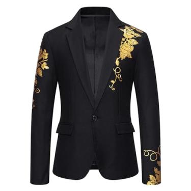 Imagem de Blazer masculino Paisley Hot Stamping Terno Jaqueta Casual Slim Fit Lapela, Preto, XG