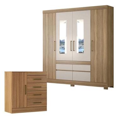 Imagem de Cômoda Montevidéu E Guarda Roupa Casal Bilbao Amêndola Off White Com Espelho - Demóbile