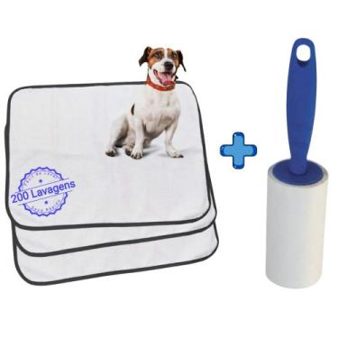 Imagem de Kit Rolo Tira Pelos Adesivo + 6 Tapetes Higiênicos P/Pets - dog pet