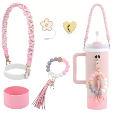 Imagem de BELSITA Conjunto de acessórios Stanley Cup, pulseira de contas, design trançado, alça de garrafa de água, bota Stanley Cup de silicone, pingentes Stanley para copo Stanley 30/1,134 g (3. Rosa)