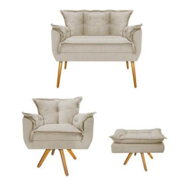 Imagem de Kit Namoradeira, Poltrona e Puff Opala Base Giratória de Madeira Suede