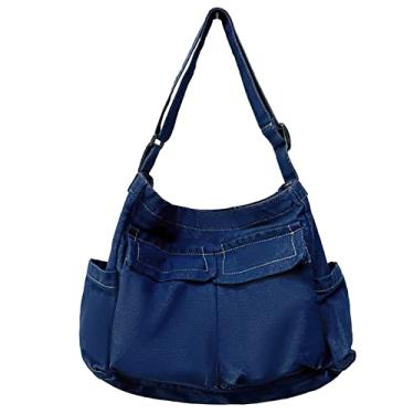 Imagem de LassZone Bolsa mensageiro de lona grande bolsa tiracolo Hobo bolsas de ombro bolsa jeans com vários bolsos para mulheres e homens, Azul escuro
