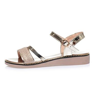 Imagem de Sandálias femininas planas douradas femininas sandálias de verão fashion prata doce sandálias de tamanho grande para mulheres(Golden,37EU)