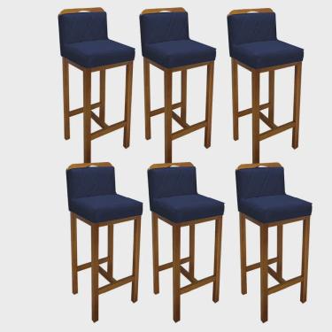 Imagem de Kit 06 Banqueta Alta Com Encosto Simon Cozinha Balcão Bistrô Base Madeira Castanho Suede Azul Marinho - Ahz Móveis