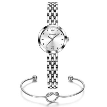Imagem de Relógio Prata Feminino Luxo Analógico + Pulseira Nó Coração - OLEVS