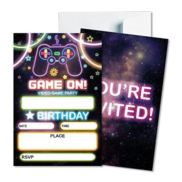 Imagem de JIRIM-BEUTY Cartões de convite para festa de aniversário com tema de videogame - adolescentes, amantes de jogos, meninos e meninas, lembrancinhas de artigos de festa de aniversário, 20 cartões com 20