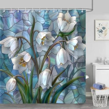 Imagem de Cortinas de chuveiro florais azul-petróleo, conjunto de cortina de chuveiro com folhas de flores brancas de vitral, tecido de arte estética para decoração de banheiro, tecido impermeável com ganchos