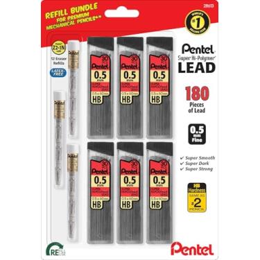 Imagem de Pentel Refil de grafite Super Hi-Polymer HB 0,5 mm – 6 pacotes de 30 cabos e 3 pacotes de 4 borrachas brancas sem látex – Recargas de lapiseira