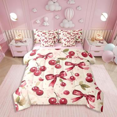 Imagem de Erosebridal Conjunto de cama solteiro de 7 peças com laço de cereja, cama de frutas deliciosas em um saco, conjunto de cama com laço de frutas e arte a óleo inclui edredom, conjunto de lençóis