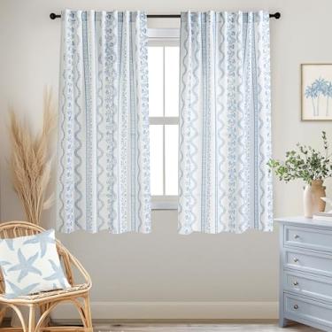 Imagem de Cortinas Coastal Farmhouse de 153 cm de comprimento para sala de estar, quarto, estampa floral azul claro e branco, decoração de quarto de praia, estampa de linho, transparente, cortinas de janela