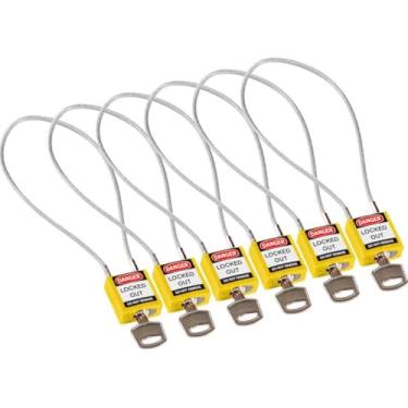 Imagem de Brady Cadeados compactos de cabo 146133, cilindro de 5 pinos, folga de manilha de 20 cm, com chave semelhante, 3,3 cm de altura, 3,1 cm de largura, 1,4 cm de comprimento, amarelo