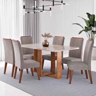 Imagem de Conjunto Sala de Jantar Mesa Berlim com Tampo de Vidro e 6 Cadeiras Safira Viero - Mel/Off White/Linho Kaki