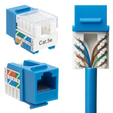 Imagem de SATMAXIMUM Conector de parede Ethernet Cat5e Keystone Punch Down UTP 45 graus (terminação mais fácil do que 90 graus), terminação de velocidade de perfil fino RJ45 azul angular de 45° (pacote com 20)