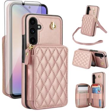 Imagem de Capa de celular para Samsung Galaxy A54 5G carteira de celular com protetor de tela de vidro temperado alça transversal de pulso com bloqueio de RFID suporte de cartão de crédito A545G A 54 54A 4G G5